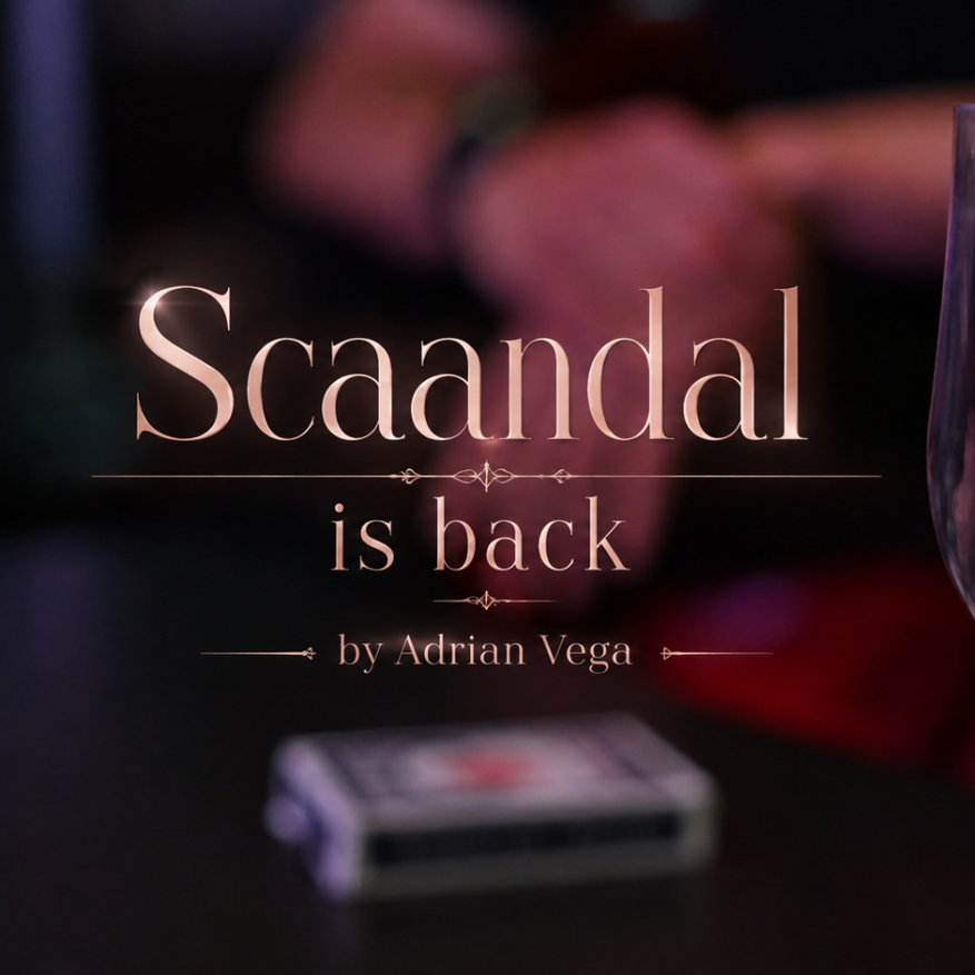 Promotional graphic for 'Scaandal is back' by Adrian Vega, featuring a blurred scene of hands holding a deck of cards next to a wine glass with a playing card, with the title in elegant rose-gold text.