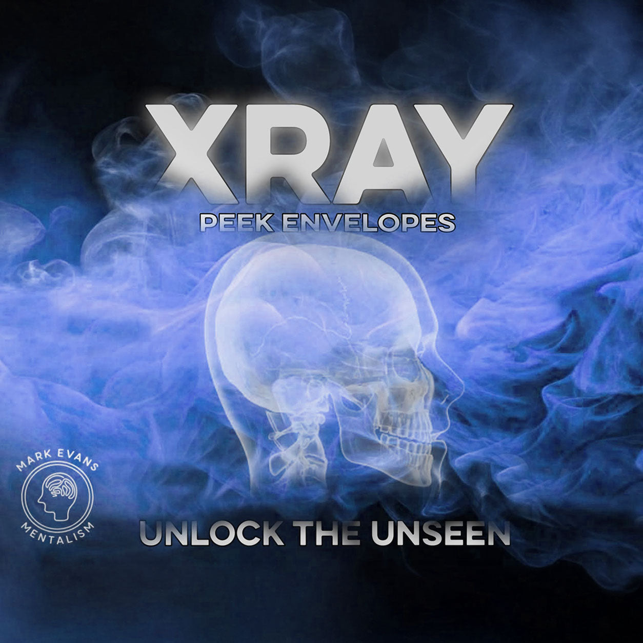 Digital cover art for 'X-Ray' by Peek Envelopes, featuring a glowing blue and white x-rayed skull profile surrounded by dramatic blue smoke on a dark background, with the text 'X-RAY', 'PEEK ENVELOPES', and 'UNLOCK THE UNSEEN'.
